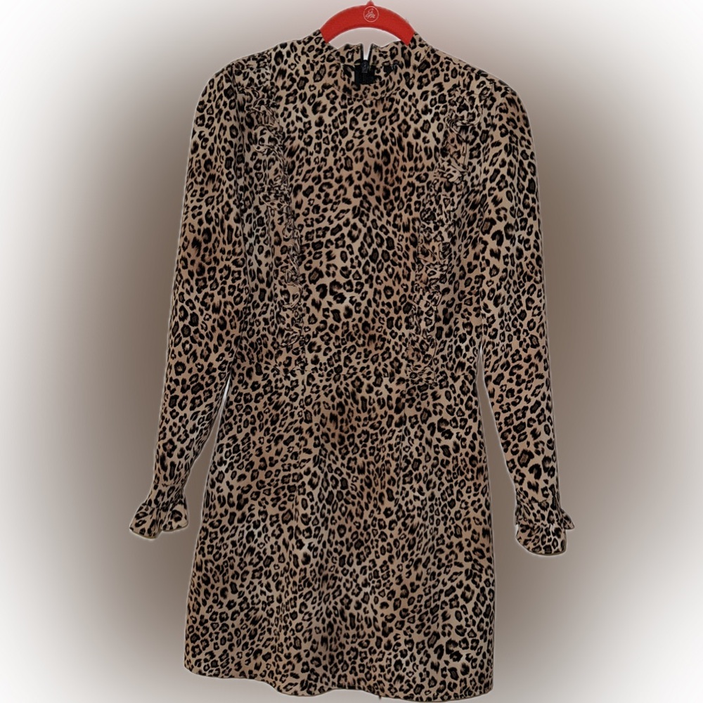 Leopard Print Long Sleeve Mini Dress with Ruffles - Picture 3 of 7